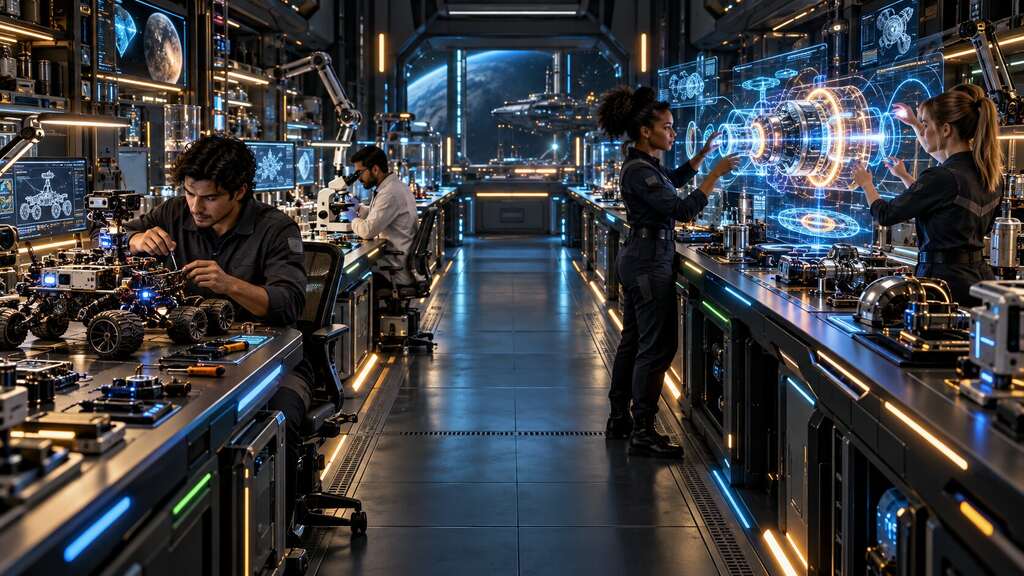 A diverse team of scientists working in a futuristic laboratory